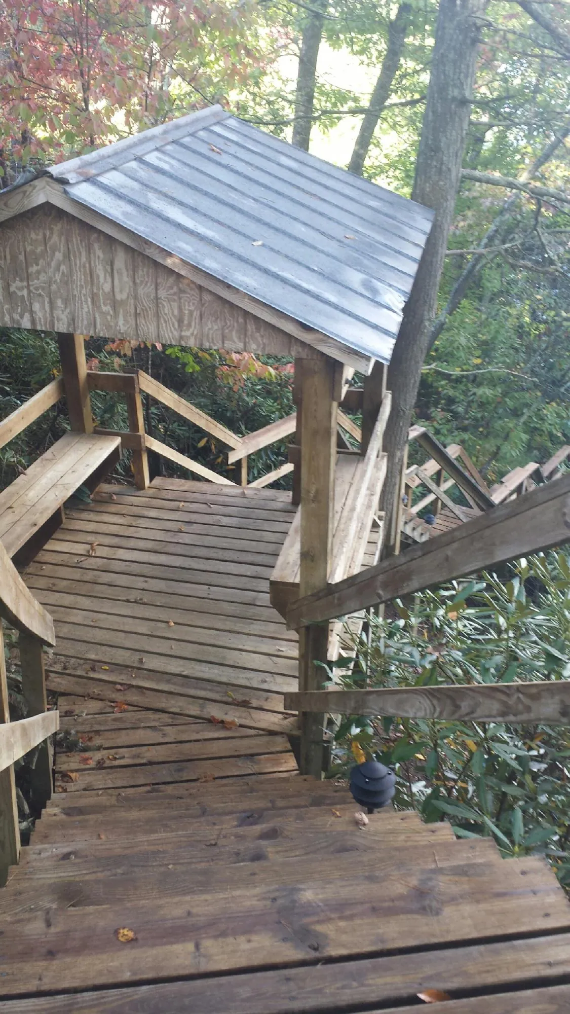 Metal roofed shelter over wooden steps on a wooded walkway — Skylight Repair & Installation work by our crew in Sewanee